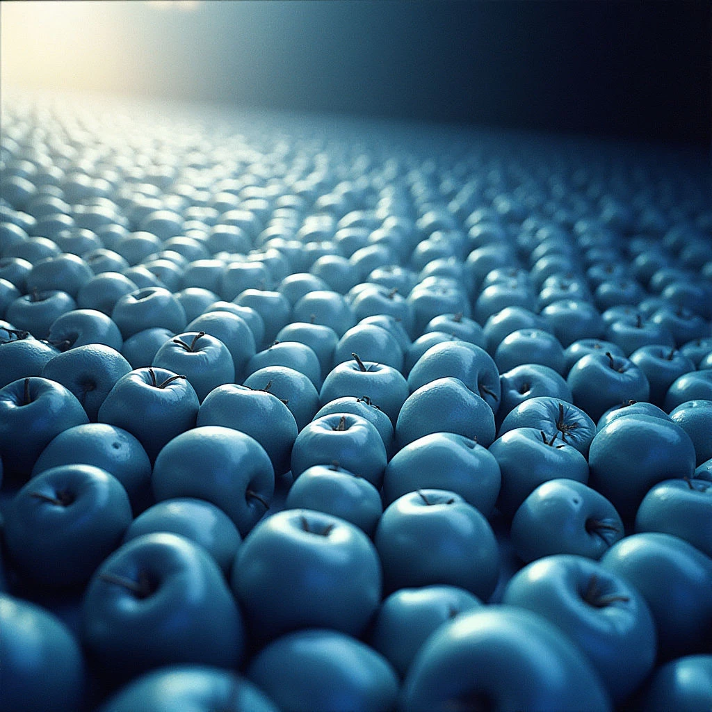 The image is dominated by a field of uniformly sized, blue-toned spherical objects arranged in dense rows and columns. A gradient of light sweeps across the upper portion of the composition, creating highlights on some surfaces and deeper shadows on others, suggesting volume and texture despite the smooth appearance. The perspective recedes into the distance, implying a vast quantity extending beyond the frame with diminishing scale.