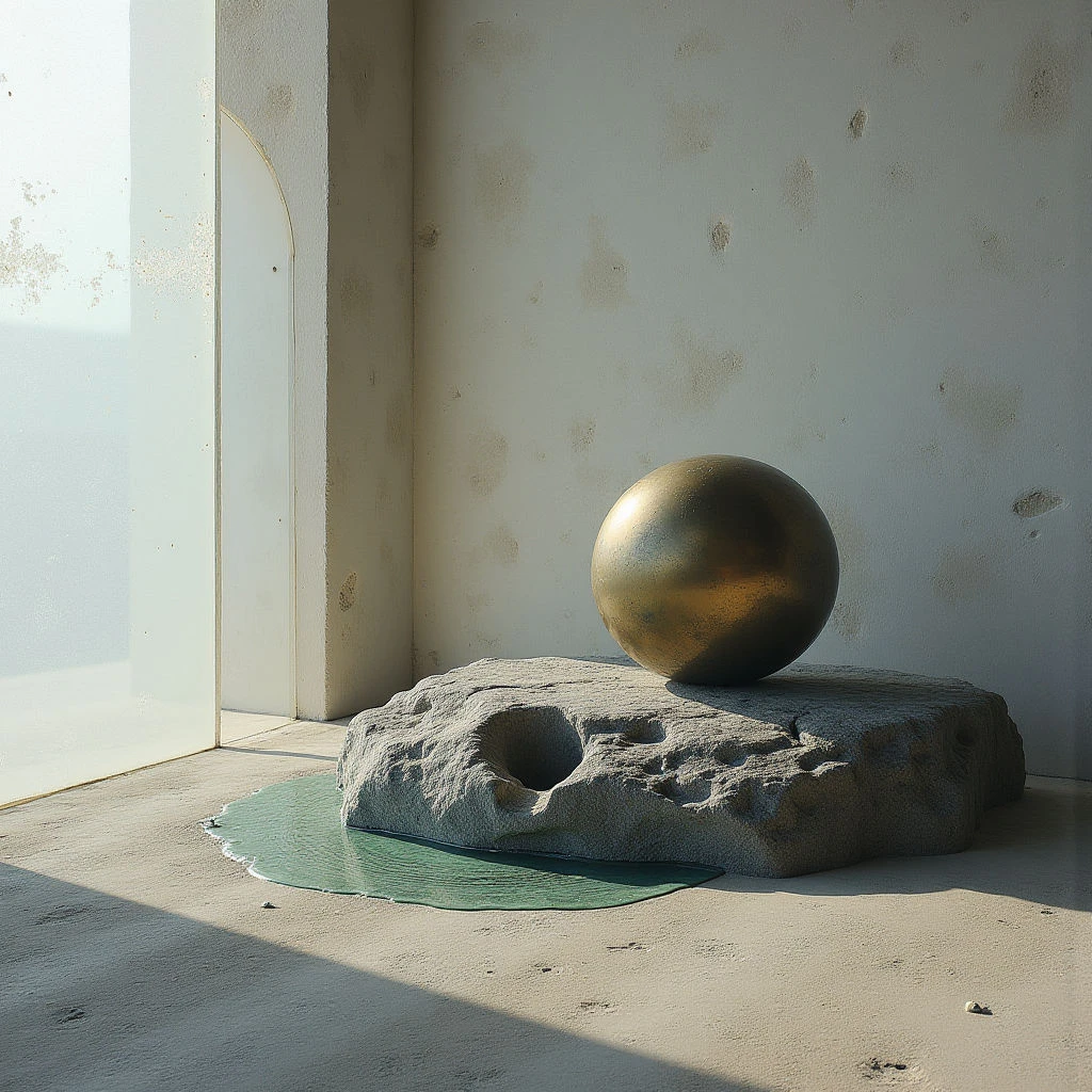 The scene is primarily composed of muted beige and gray tones, accented by a reflective gold sphere and a patch of teal liquid. Rough, uneven textures define the stone base and walls, contrasting with the smooth surface of the sphere and polished floor. Light enters from the left, casting shadows that emphasize the geometric shapes—a rounded archway, the circular sphere, and block-like base—within a minimalist interior space.