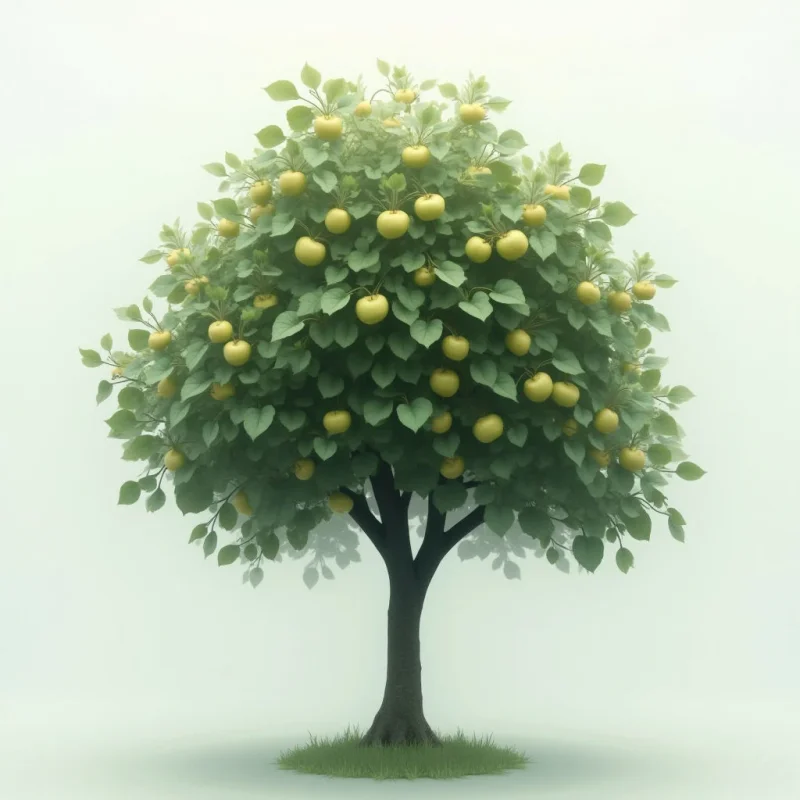A small, rounded apple tree stands on a patch of green grass against a pale background. The tree is full of bright yellow apples nestled amongst its lush green leaves. Its trunk is dark and sturdy, contrasting with the vibrant foliage above.