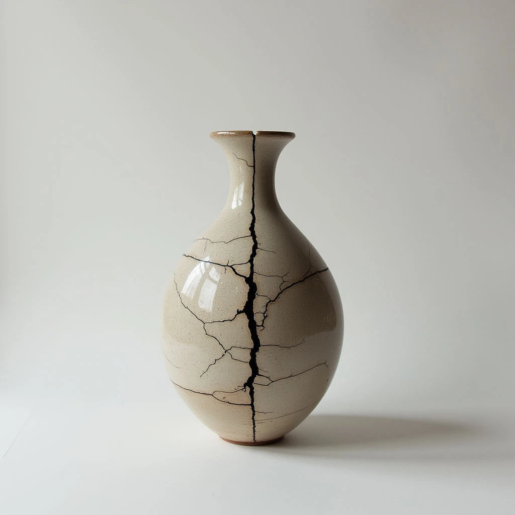 A tall, rounded vase with a narrow neck stands against a pale background. The vase is a light beige color and covered in a network of dark cracks, appearing visibly broken but still holding its shape. Light reflects off the glossy surface, highlighting the fractured pattern running down both sides of the vessel.