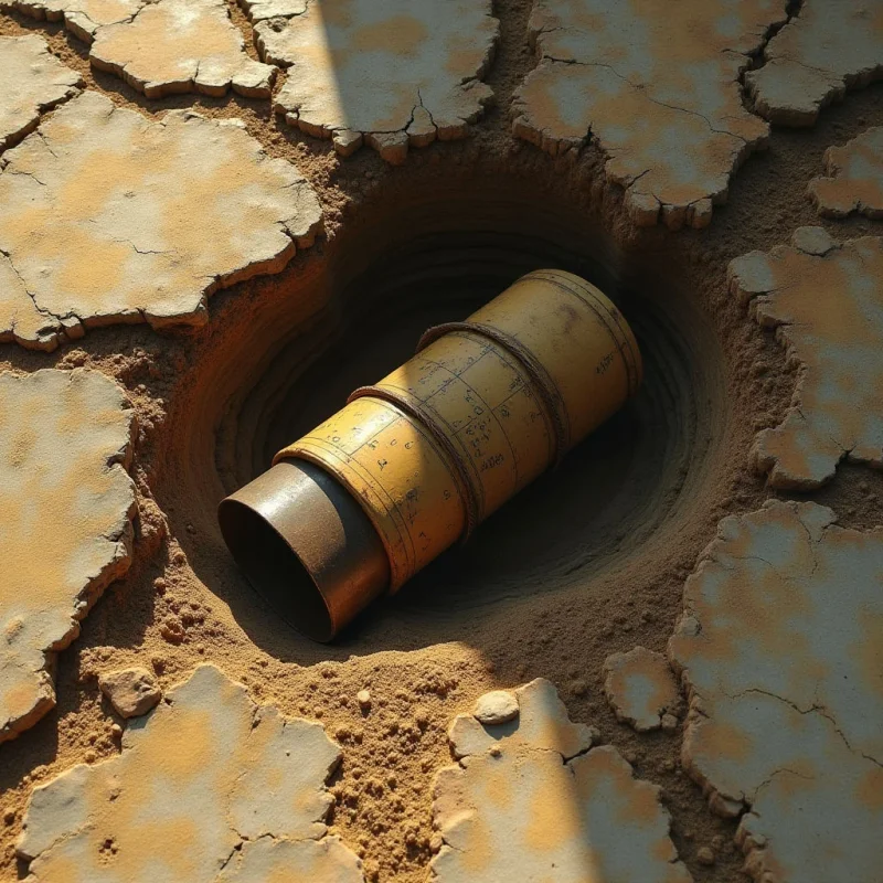 A cylindrical tube with a weathered yellow surface rests inside a circular, stepped crater within cracked, tan earth. The composition features rough, sandy textures and jagged geometric shapes formed by the parched ground. Harsh light creates deep shadows within the pit, emphasizing the spatial depth between the object and the surrounding terrain.