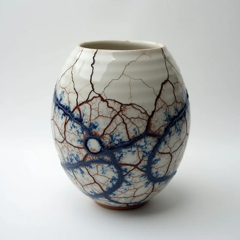 A white, egg-shaped ceramic vessel features a network of dark brown and deep blue branching lines that resemble cracks or veins across its smooth surface. The patterns transition from fine, thin brown filaments to thicker, textured blue strokes that cluster into circular nodes. Set against a plain white background under soft, even light, the object occupies the center of the frame with minimal shadows.