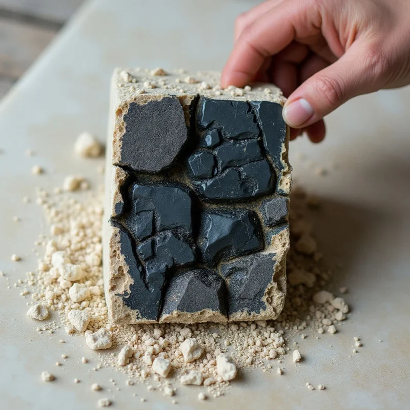 A beige, cuboid object with a rough, crumbly texture is partially covered by large, irregular matte black patches. A hand reaches from the upper right to touch the top corner of the cube, which sits amidst scattered pale granules on a neutral surface. Soft, diffused light illuminates the scene, creating subtle shadows within the crevices of the dark shapes and around the surrounding debris.
