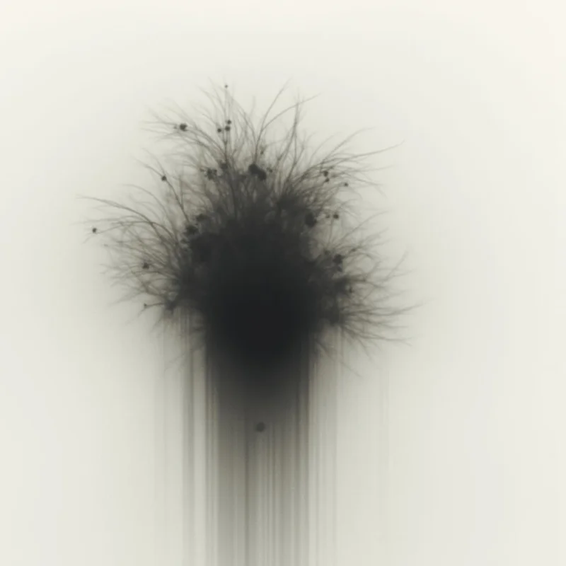 A dark, amorphous shape resembling a tangled bush or cloud hovers against a pale background. Thin lines extend downwards from the central mass like falling strands or rain, fading into a lighter gradient below. The overall effect is ghostly and indistinct, with small darker spots scattered throughout the form.