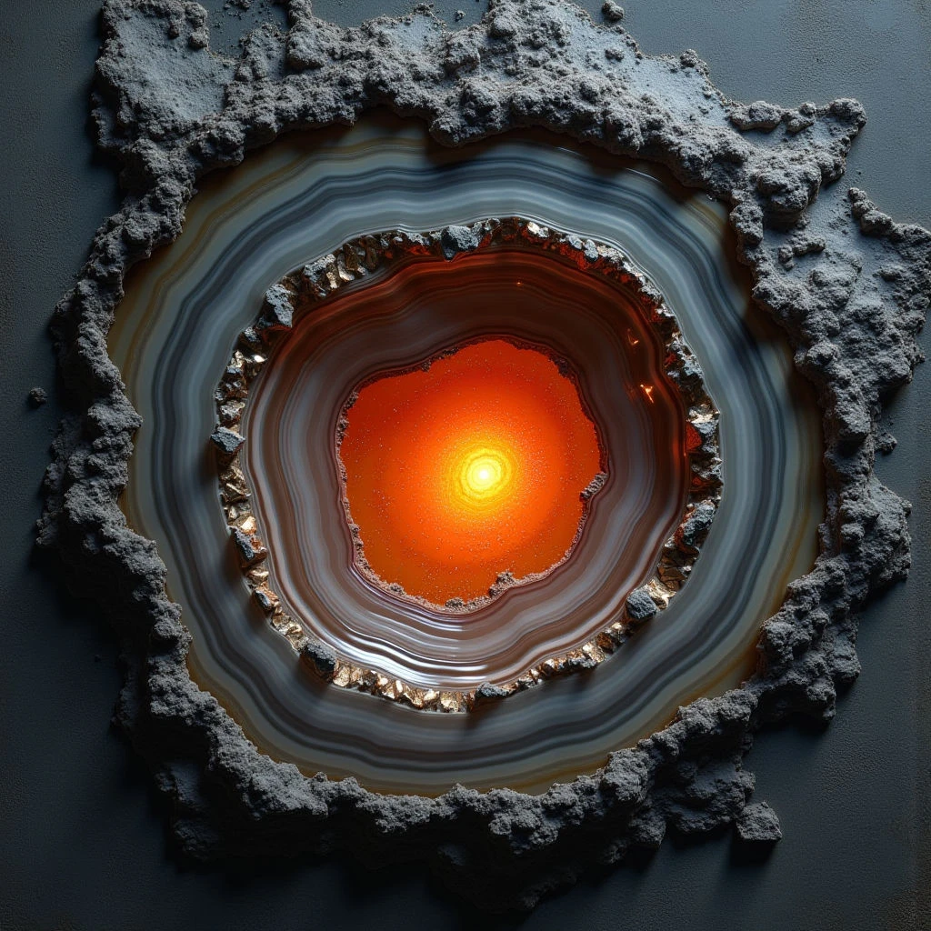 The image features concentric rings of translucent layers in shades of cream, beige, and amber surrounding a central core of bright orange light. A rough, granular texture defines the outer edges and inner divisions between the rings, contrasting with the smooth gradients within each layer. The composition is largely flat, with a sense of depth created by the layered structure radiating from a glowing focal point, all set against a dark gray background.