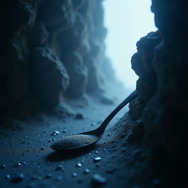 A dark, textured spoon filled with fine granules rests in the foreground of a dim, rocky cavern. Cool blue tones dominate the scene, with light streaming from a bright opening in the background to create sharp silhouettes and highlight the grainy surfaces of the ground and stone walls. The composition uses deep shadows and high-contrast lighting to establish depth between the central spoon and the receding cave passage.