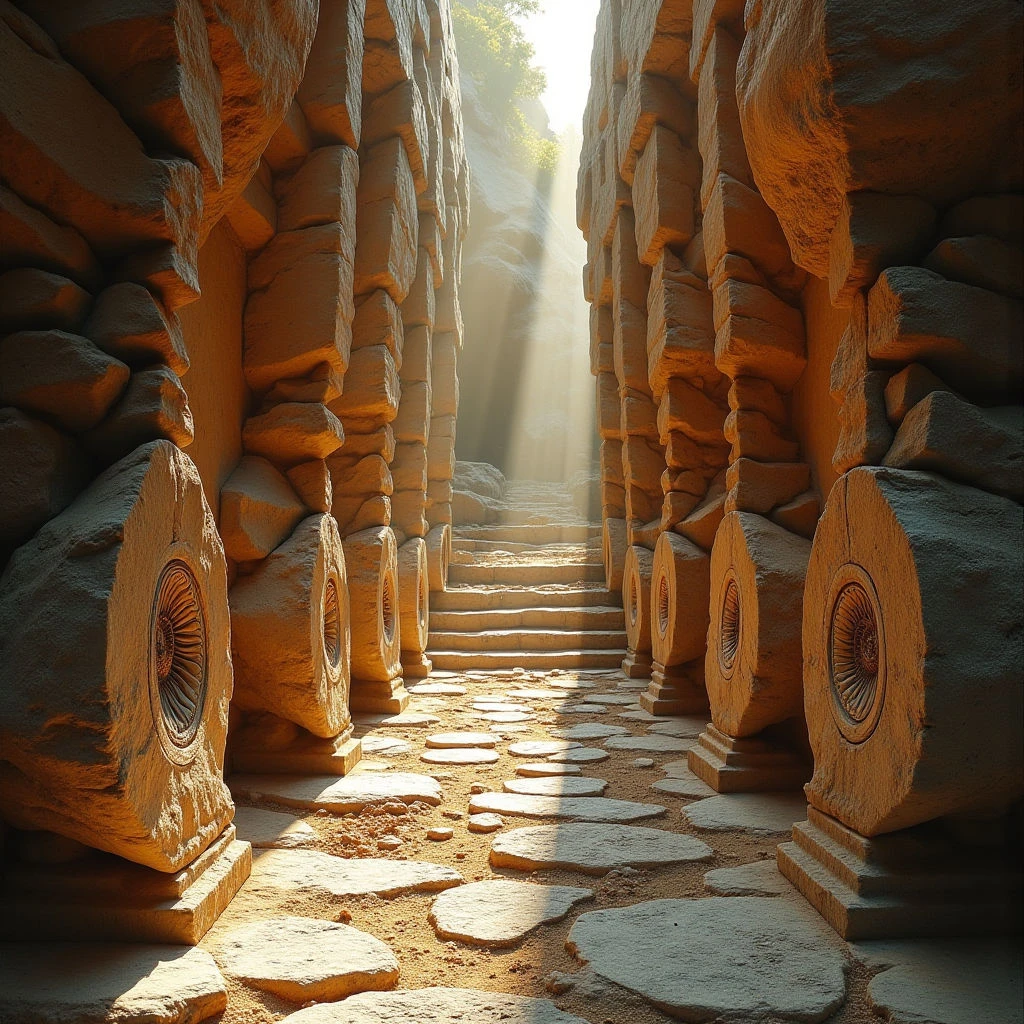 The image features a symmetrical corridor constructed from large, roughly rectangular stone blocks in varying shades of tan and ochre. Sunlight streams down the central staircase, creating strong contrasts between illuminated areas and deep shadows that emphasize the textured surfaces of the stones and cylindrical pillars lining the pathway. The space recedes linearly towards a bright opening at the far end, with a mosaic-like pattern visible on the stone floor closest to the viewer.