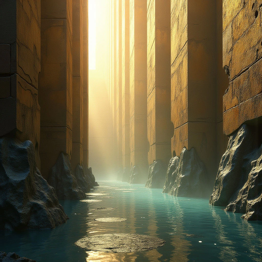The scene depicts tall, rectangular structures with a warm, golden-brown hue and rough, textured surfaces flanking a narrow waterway of teal water. Bright sunlight streams vertically down between the structures, creating strong highlights and casting shadows that recede into a hazy distance. The spatial arrangement emphasizes linear perspective, drawing the eye towards a vanishing point at the end of the passage where light dominates the composition.