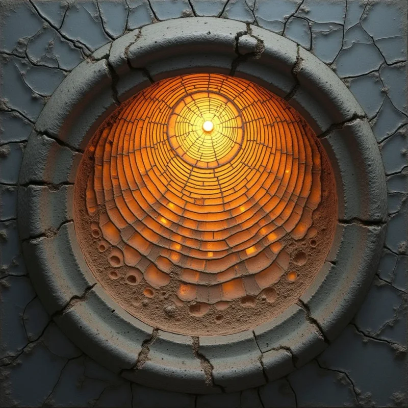 The image centers on a circular form embedded within a cracked, grey surface. Warm orange and yellow tones emanate from the interior of the circle, which is composed of concentric, brick-like shapes radiating outwards from a bright central point. The surrounding surface displays a rough, uneven texture contrasting with the smooth, repeating pattern inside the circle, and light appears to originate solely from within the circular structure, casting shadows on its edges.