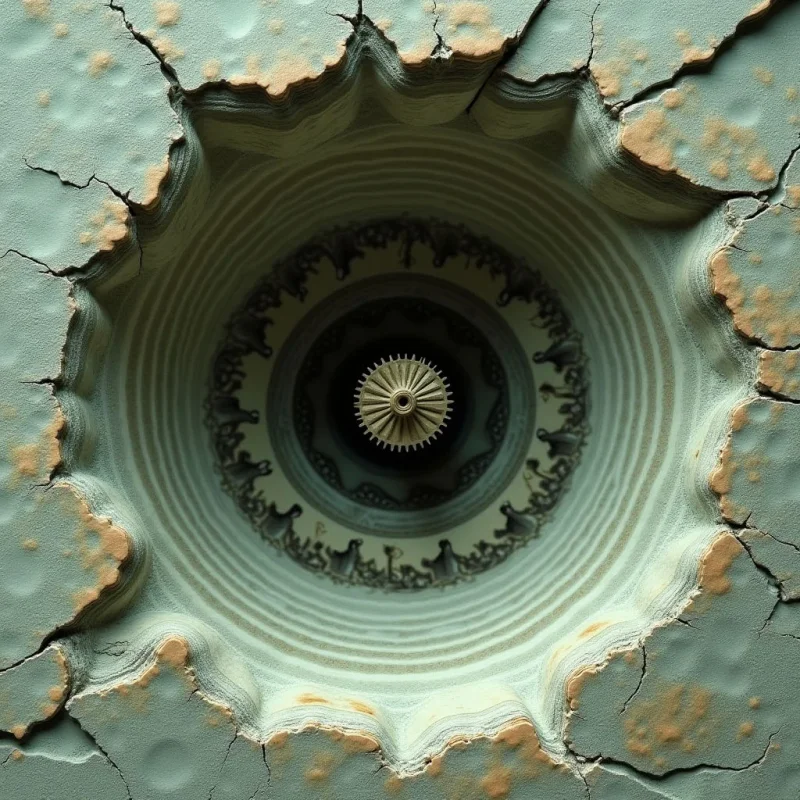 A circular, recessed structure features concentric rings of pale sage green and cream, layered with fine, ridged textures that descend toward a central sunburst shape. The outer perimeter is defined by jagged, irregular edges with rough, ochre-colored patches and dark cracks spreading across the surface. Light radiates from the center, creating soft shadows within the deep, spiraling grooves of the funnel-like composition.