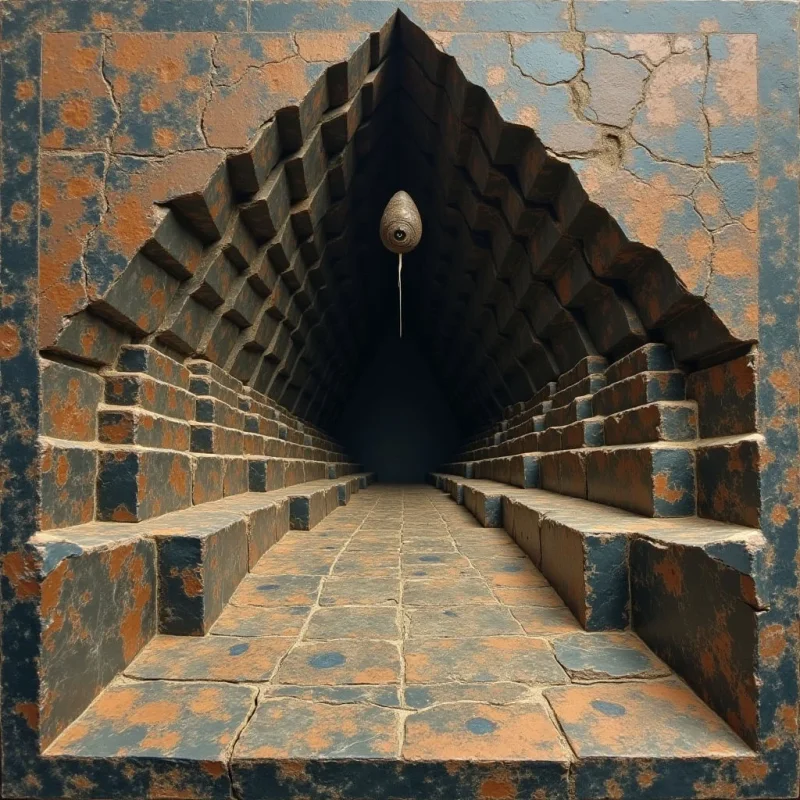 A dark, narrow corridor is constructed from tiered, rectangular blocks in shades of earthy ochre and deep slate blue. The walls and floor feature a weathered, cracked texture that recedes toward a central pitch-black void. A single, pale oval shape hangs suspended in the upper center of the frame, illuminated by dim light against the shadowy interior.