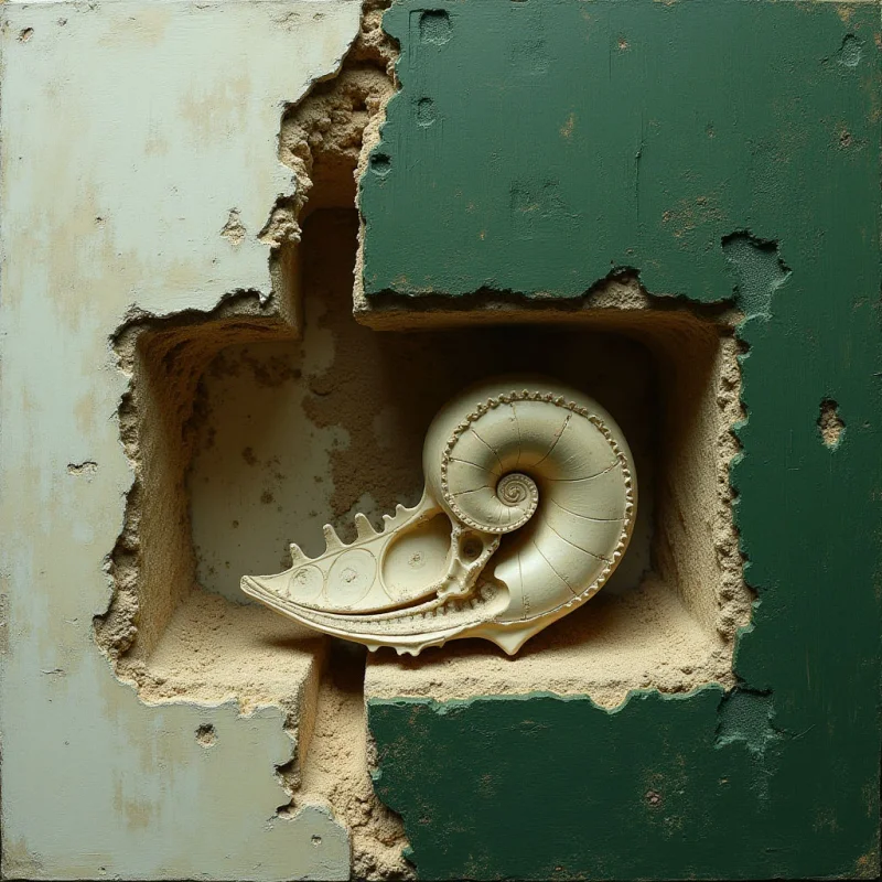 A cream-colored ammonite shell rests within a rectangular, recessed cavity carved into a split surface of pale beige and deep forest green. The composition features rough, crumbling textures along the jagged edges of the indentation, contrasting with the smooth, spiraled geometry of the fossil. Soft light illuminates the shell's intricate ridges and internal chambers, creating depth within the shadowed alcove.