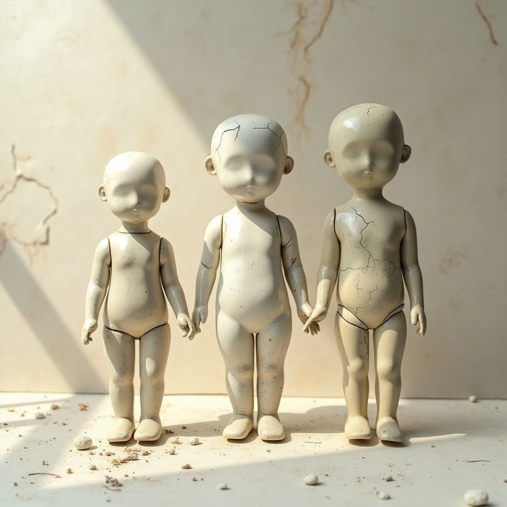 The image features three doll-like figures standing in a row against a pale beige background with cracking patterns. The dolls are primarily off-white with varying degrees of surface texture—some smooth, others visibly cracked and aged—and possess simplified facial features lacking detail like eyes or mouths. A strong directional light source casts shadows across the scene, emphasizing the forms of the figures and creating spatial depth, while small pebble-like objects are scattered on the ground plane in front of them.