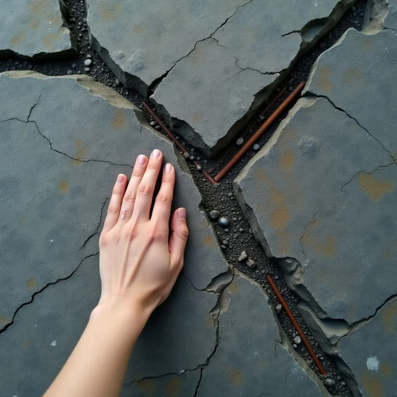 A pale human hand rests against a surface of cracked, grey earth textured with fine fissures and small pebbles. Deep, jagged crevices divide the landscape into irregular polygonal shapes, revealing dark soil and thin, reddish-brown rods embedded within the gaps. Soft, even light illuminates the scene, emphasizing the contrast between the smooth skin of the hand and the rough, fragmented ground.