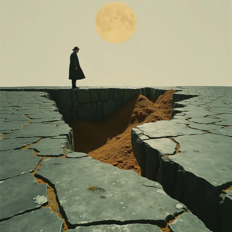 A lone figure in a dark coat stands on the edge of a fractured, teal-colored stone surface that overlooks a deep chasm filled with orange sand. A large, pale yellow moon hangs centrally in a muted, cream-colored sky, providing soft, diffused light across the scene. The composition balances the sharp, angular shapes of the cracked ground against the smooth, circular form of the celestial body.