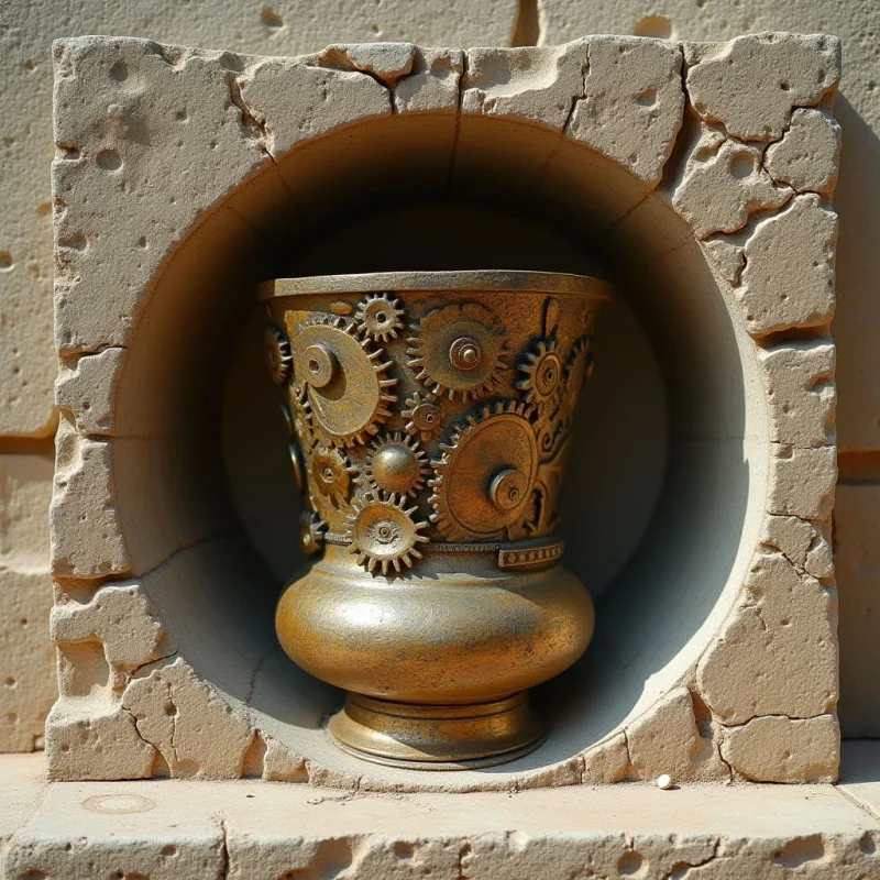 A metallic gold vessel decorated with interlocking gear patterns sits centered within a circular stone niche. The smooth, reflective surface of the urn contrasts with the rough, cracked, and porous texture of the surrounding beige masonry. Bright, direct light casts soft shadows within the alcove, emphasizing the depth of the indentation and the three-dimensional relief of the gears.