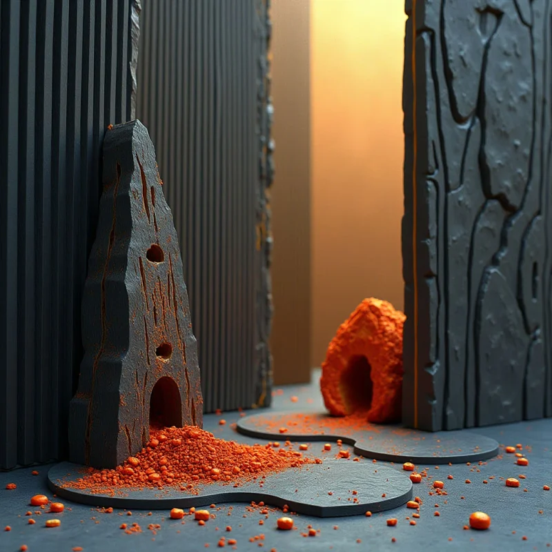 The scene is dominated by cool gray tones contrasted with vibrant orange accents. Rough, eroded textures define the irregular forms of stone-like structures and scattered granules on a flat plane, while smooth vertical ridges create a backdrop. Light emanates from an unseen source behind a central pillar, casting a warm glow and suggesting depth within the enclosed space.