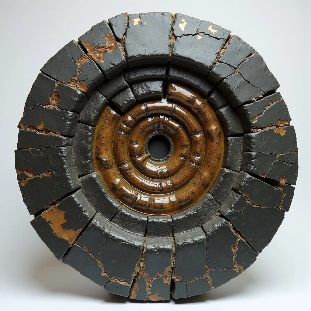 The object is a circular form constructed of dark gray, brick-like segments with visible gold detailing along the edges and within cracks. Concentric rings of textured brown material are nested within the outer gray structure, leading to a central hollow opening. Light appears diffused, casting soft highlights on the surfaces and emphasizing the layered spatial arrangement of the forms.
