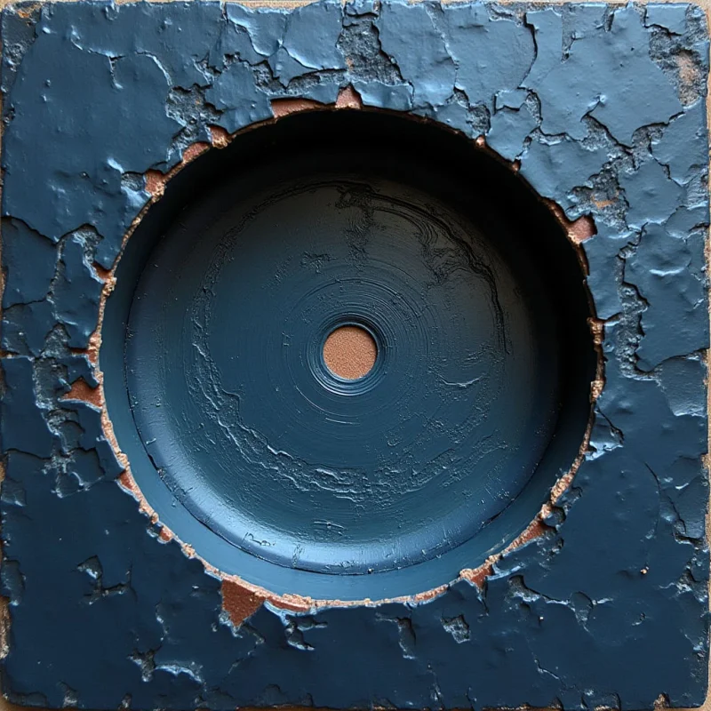 The image features a dark teal color palette with variations in shade creating depth within both a square outer form and a concentric circular void. The surface displays a heavily textured quality – cracked and peeling paint surrounds a smoother, spiraled interior. A small, warm-toned center point is visible at the deepest part of the circle, contrasting with the cooler blues surrounding it.