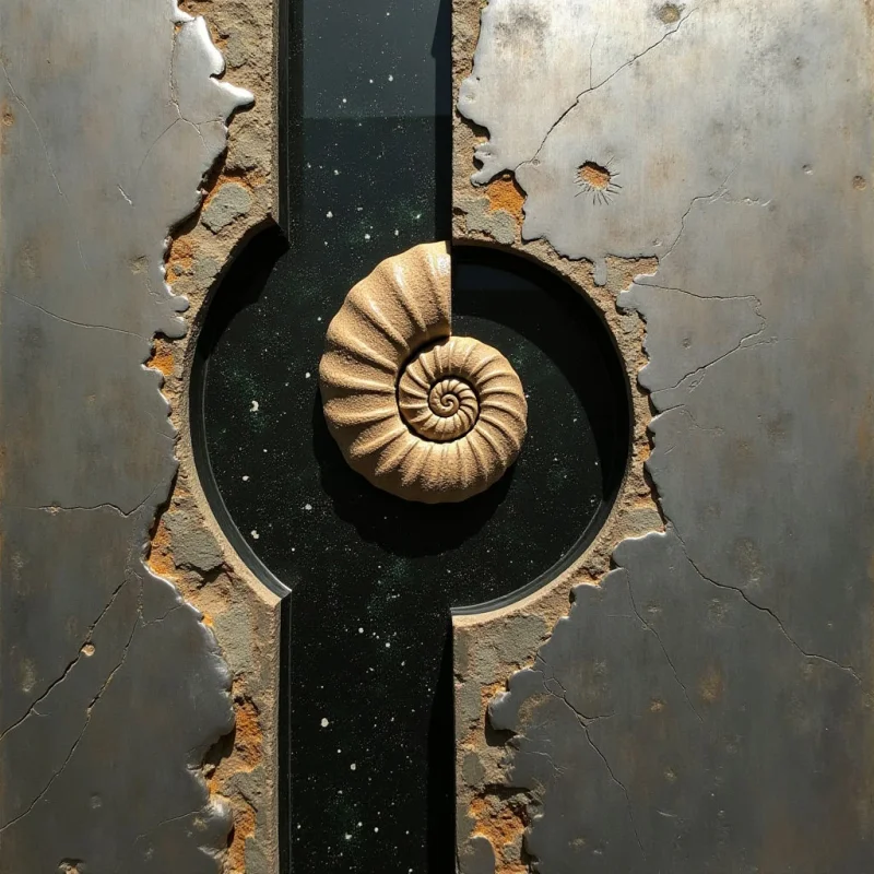 A central tan ammonite shell with a ribbed texture rests against a dark, speckled circular void set within a vertical black band. The surrounding gray metallic surfaces feature irregular, jagged edges and cracked textures, contrasting with the smooth, deep tones of the center. Light hits the raised ridges of the shell and the uneven contours of the metal, creating depth through shadows and highlights.