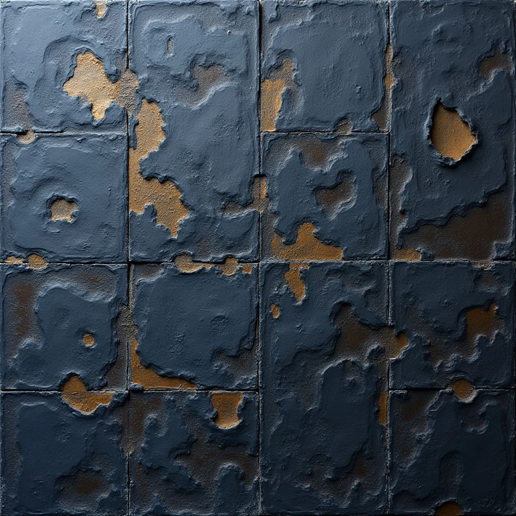 The image presents a grid of twelve square tiles arranged in a uniform pattern. Each tile is primarily dark blue with rough, uneven surfaces and areas of exposed golden-brown beneath the blue coating. Light appears to come from above and slightly to the left, creating shadows that emphasize the textured relief and define the edges between the tiles.