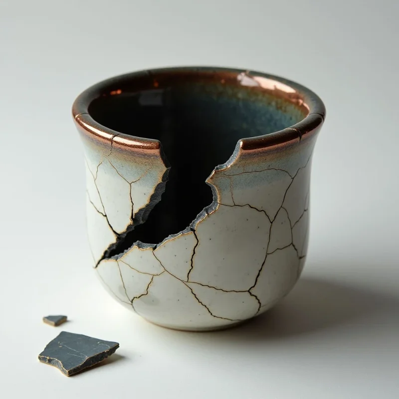 A broken ceramic cup sits against a plain white background, featuring a smooth white exterior marked by dark, irregular crack patterns and a metallic copper rim. The interior is a deep, matte charcoal color, contrasting with the bright surface and the two small, jagged shards lying nearby. Soft, diffused light creates gentle shadows beneath the vessel, emphasizing its rounded form and the sharp edges of the fracture.