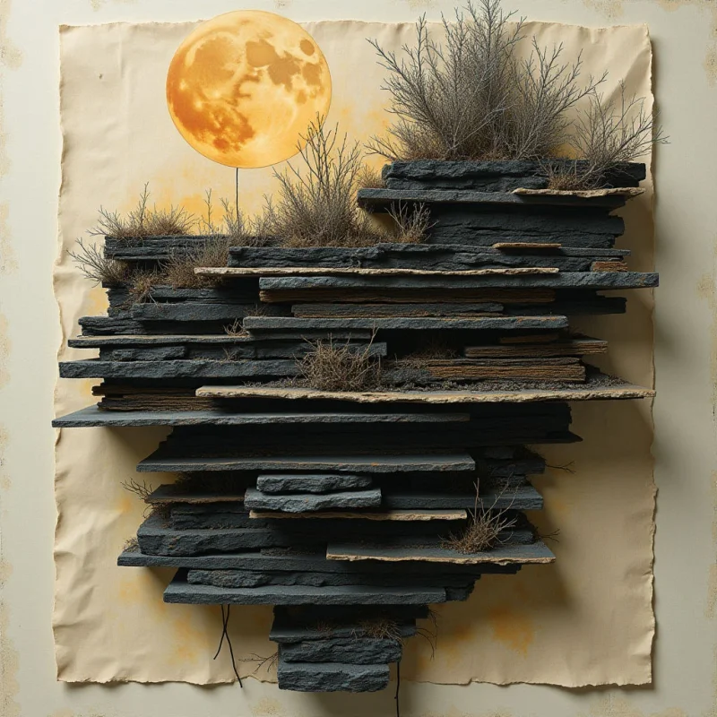 Stacked, dark gray slate slabs with rough, layered textures form a central vertical structure against a pale beige backdrop. Thin, spindly dark branches emerge from the crevices between the stones, while a large, glowing orange moon hangs in the upper left. The composition features sharp horizontal lines from the rock layers contrasted by the organic curves of the celestial body and delicate vegetation.