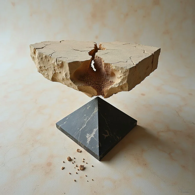 A rugged, tan-colored stone slab with a cracked, porous texture rests precariously atop the apex of a smooth, dark grey pyramid. The composition features sharp geometric lines contrasted against irregular, organic crags and small scattered fragments at the base. Soft, diffused light illuminates the scene against a neutral, mottled beige background, creating subtle shadows that define the spatial depth between the two objects.