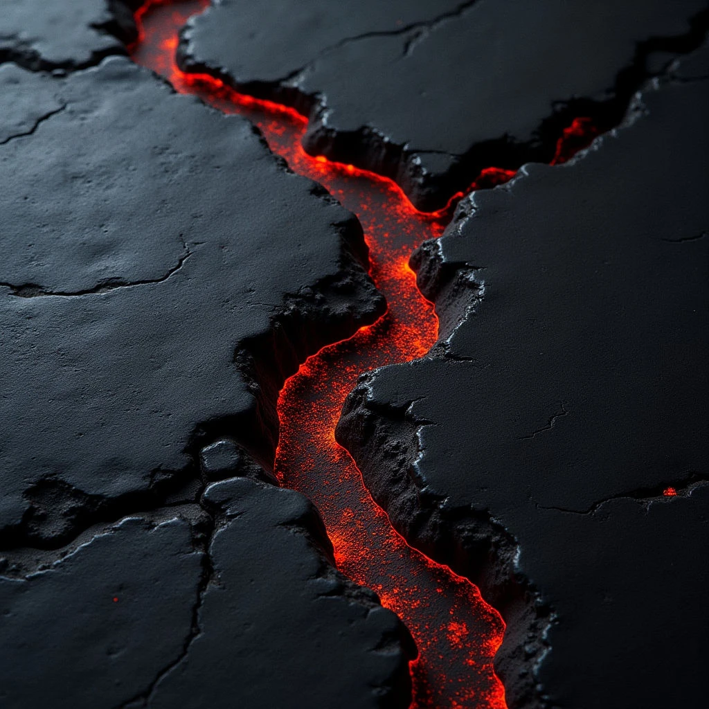 The image is dominated by dark, matte blacks contrasted with bright, glowing orange-red fissures that run across a fractured surface. The texture appears rough and uneven, with cracks and ridges defining the planes of the material, while the molten lines possess a smoother, more fluid appearance. Light emanates from within the red channels, casting subtle shadows and emphasizing the depth of the crevices in the otherwise flat spatial arrangement.