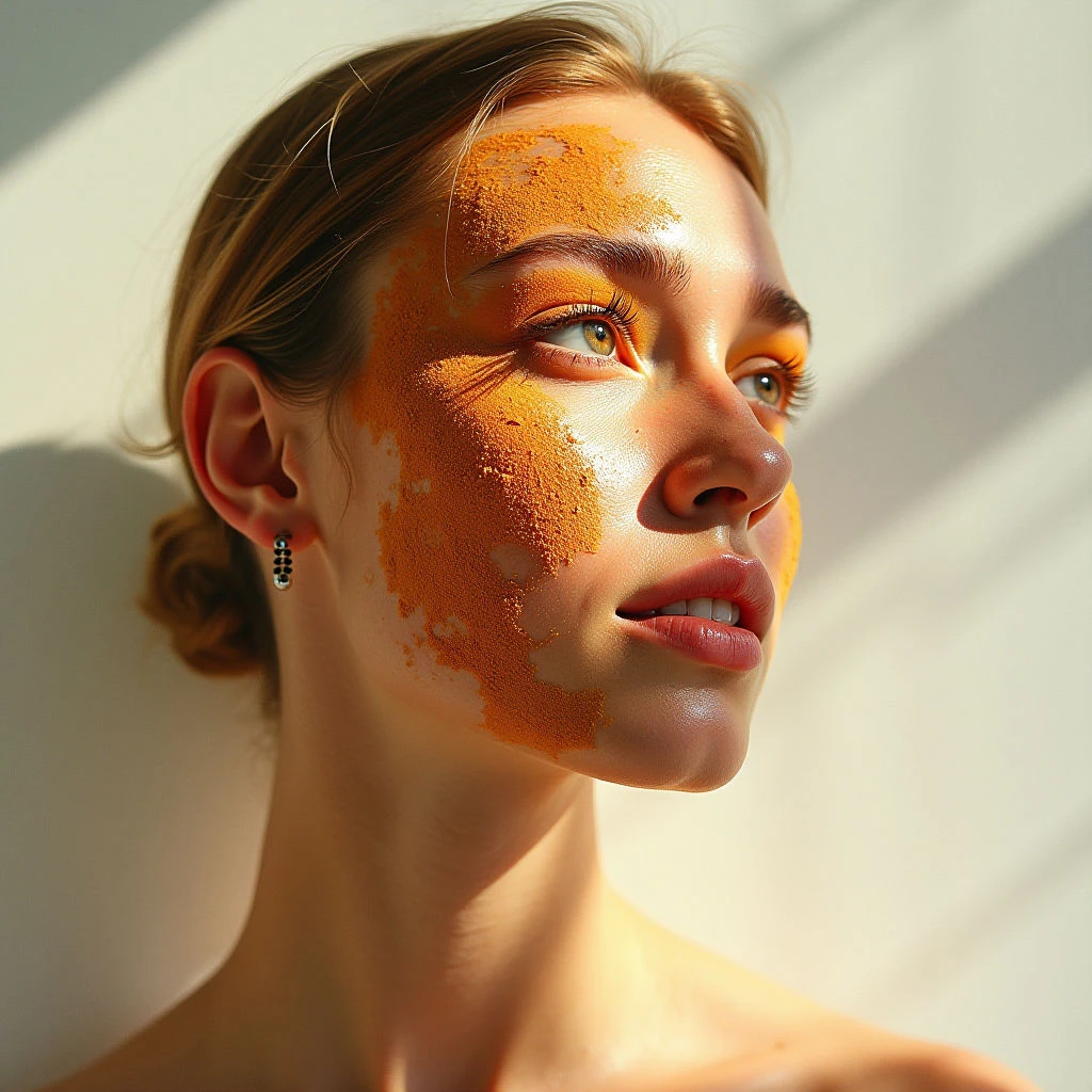 The image features a pale complexion contrasted with patches of vibrant orange material applied to one side of the face and eyelids. Skin appears smooth despite the granular texture of the orange substance, while hair is sleek and pulled back from the forehead. Strong directional light casts defined shadows across the neck and cheekbone, creating spatial depth against a neutral background.