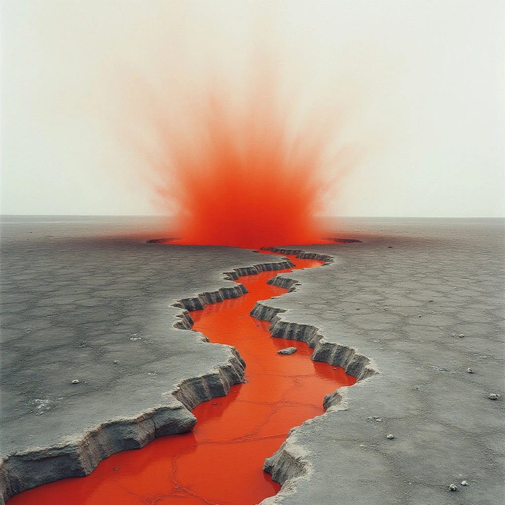 The image features a vast, flat landscape primarily composed of gray tones with jagged, rocky formations bisected by flowing channels of bright orange liquid. A large burst of the same orange color erupts vertically in the distance, contrasting sharply with the pale horizon and overcast sky. The spatial arrangement suggests depth through diminishing size of the formations and the receding lava flow towards a distant point.