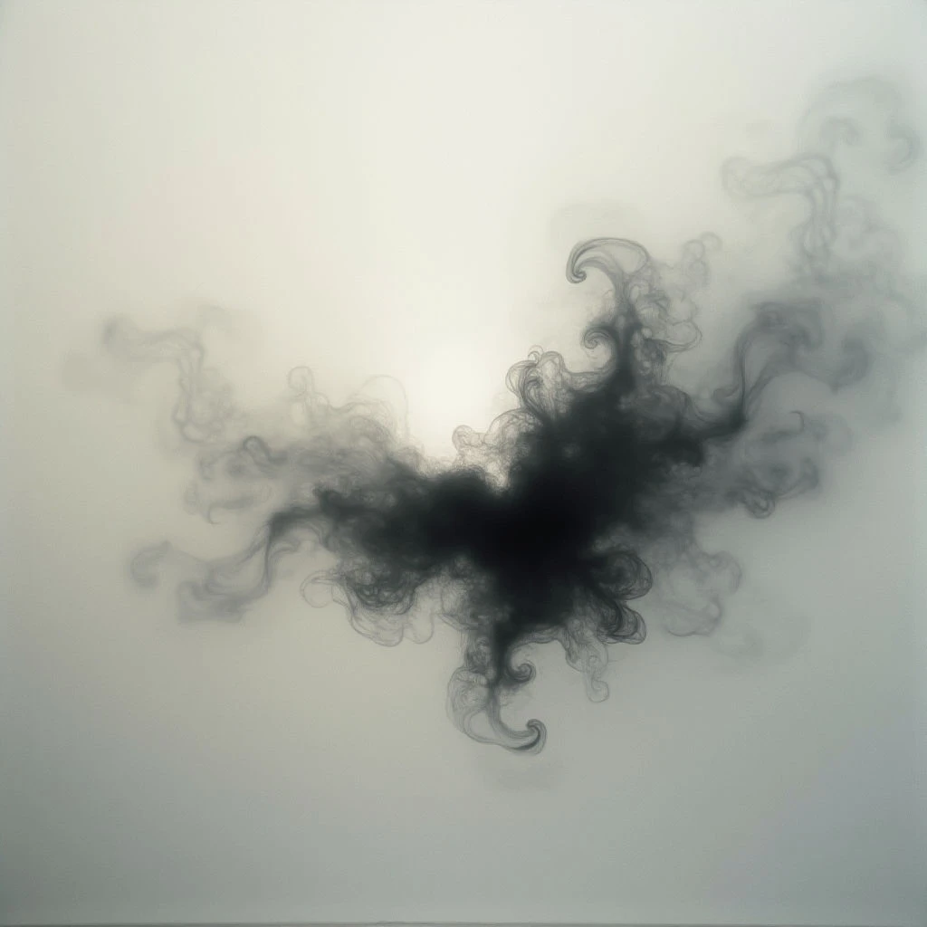 A dark, swirling mass dominates the center of a pale gray field. Wisps and tendrils extend outwards from the central darkness, creating an organic, cloud-like shape. The overall effect is ethereal and vaguely resembles ink dispersing in water.