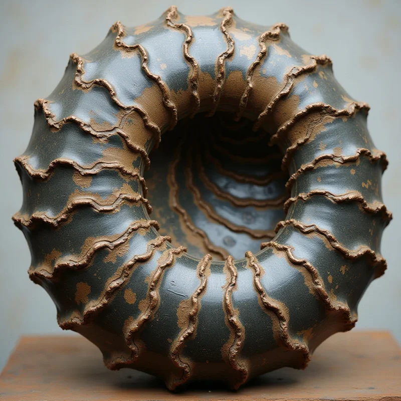 A dark gray, glossy circular form features rhythmic, wavy ridges in a textured matte brown that spiral toward a hollow center. The object rests on a flat brown surface against a pale, neutral background, with soft light highlighting the contrast between smooth and coarse surfaces. The repeating undulating shapes create a sense of depth through concentric layers within the central void.