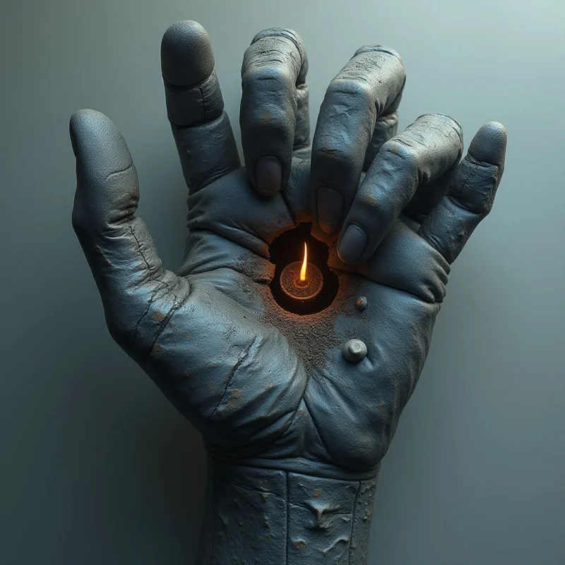 A textured, stone-like hand in muted blue and grey tones holds a small, glowing orange flame nestled within its palm. The composition features rugged, cracked surfaces and rounded finger shapes set against a smooth, monochromatic background. Light radiates from the central ember, casting soft shadows and highlighting the coarse grain of the hand's surface.