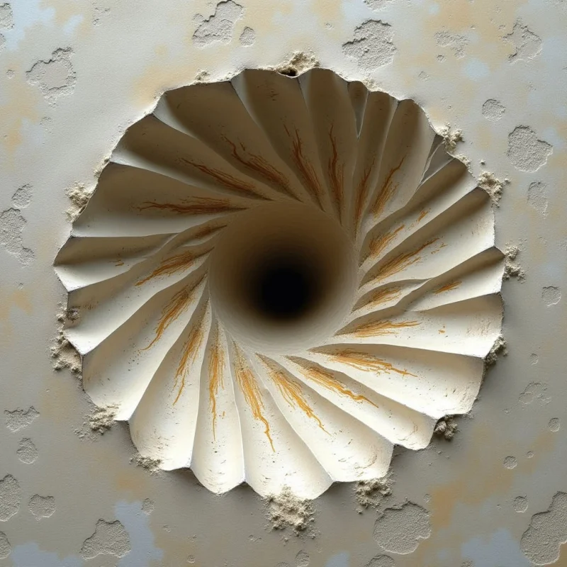 A deep, circular void is centered within a textured, pale beige surface marked by irregular, pitted patches. Spiraling white ridges with golden-brown streaks radiate from the dark center toward the scalloped edges of the opening. Soft light creates subtle shadows within the grooves, emphasizing the depth and swirling geometry of the recessed form.