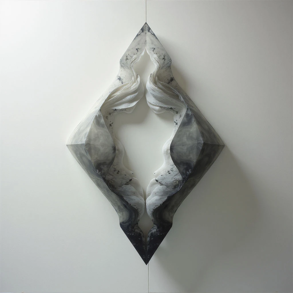 A dark, smoky shape resembling a distorted diamond hangs against a bright white wall. The form is fluid and layered, with swirling patterns of gray and black within translucent white material. It casts a subtle shadow, suggesting depth and a three-dimensional quality despite being closely affixed to the surface.
