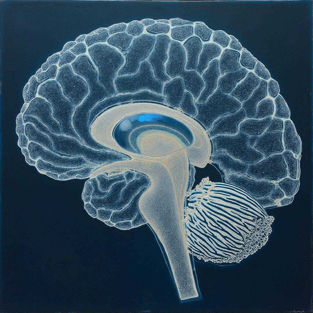 The image depicts a sagittal section of a brain against a deep teal background. The brain itself is rendered in shades of pale gold and white, with fine textures suggesting convolutions and striations, while a small area within the structure appears blue. Light seems to emanate from the brain, creating soft highlights and shadows, and it is positioned centrally within the frame with the cerebellum extending towards the lower right.