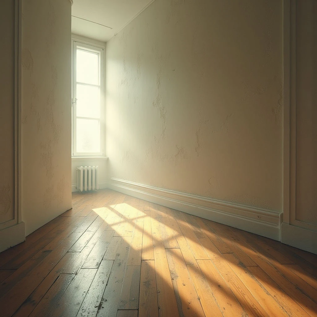 Sunlight streams through a window onto the wooden floor of an empty room, casting long shadows across the planks. The walls are a pale, textured color with simple molding along the baseboard. A radiator sits beneath the window, suggesting a quiet and still space.