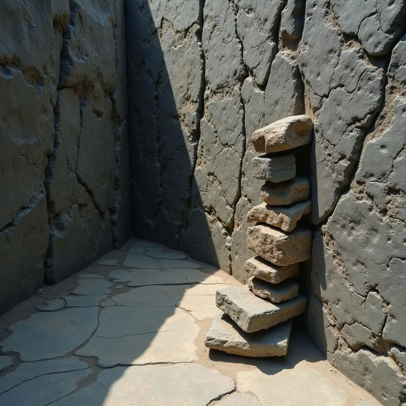 A stack of rough, light-colored rectangular stones sits in a corner formed by two textured gray walls. The surfaces feature deep cracks and uneven, earthen textures under bright, directional light that casts sharp shadows across the floor and wall. The composition is defined by vertical planes meeting at an angle, creating a narrow spatial enclosure around the central stone pile.