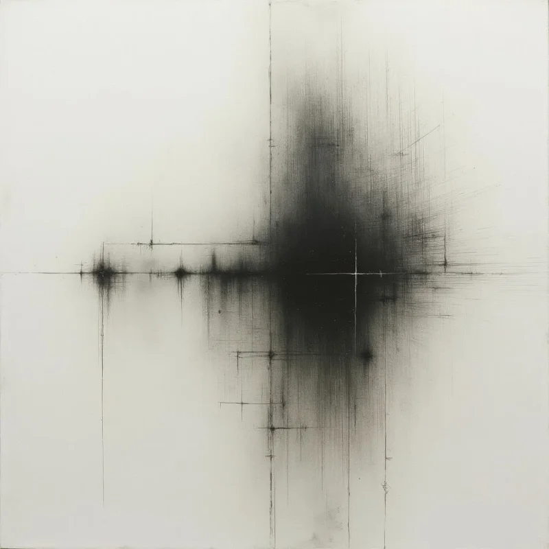 A dark, amorphous shape dominates the center of a stark white field, appearing like an explosion or dense cloud. Fine, radiating lines extend outwards from the shape and across the composition, intersected by a few bolder horizontal and vertical strokes. The overall effect is one of subtle energy contained within a minimalist space.