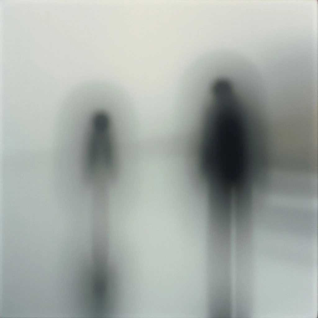 Two blurred figures stand facing each other, appearing as dark silhouettes against a very pale background. The shapes are indistinct and lack sharp detail, suggesting movement or distance. A faint haze surrounds them, further obscuring their form and creating an ethereal quality.