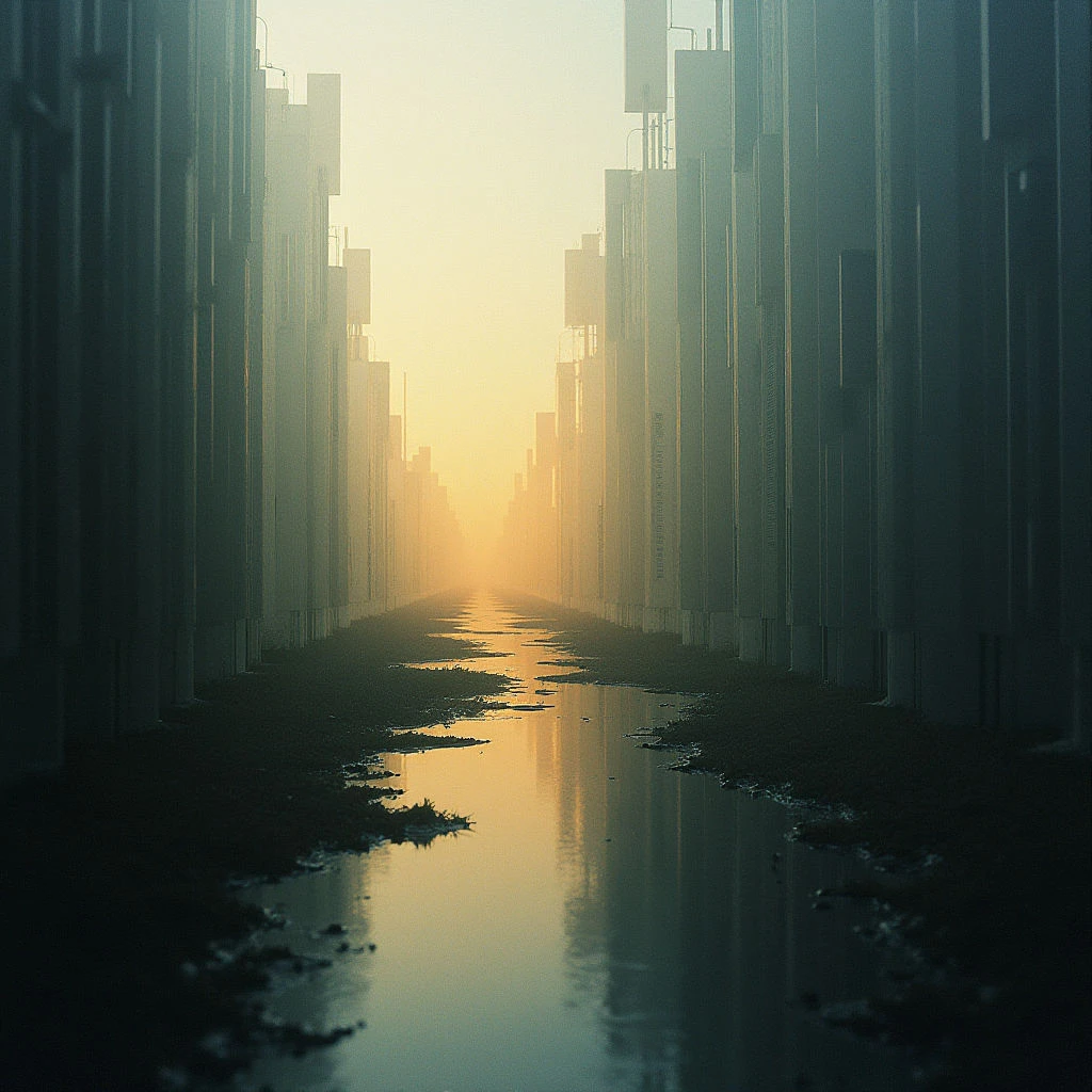 A long, straight street stretches into a hazy distance between towering, closely-packed buildings. The road is slick with water and reflects the warm golden light emanating from the far end of the cityscape. A thick fog or mist obscures details and creates an atmosphere of isolation and stillness.