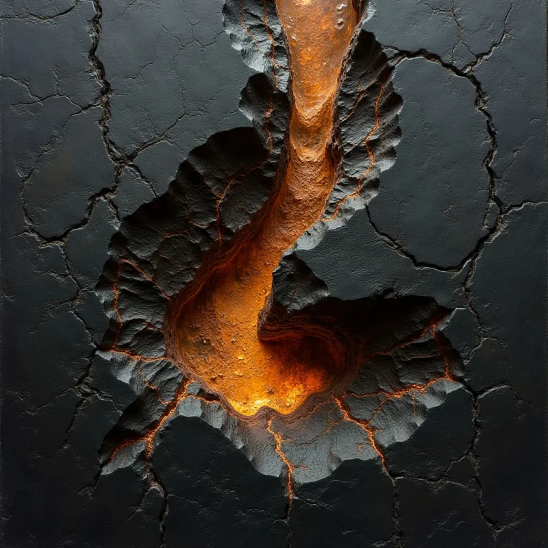 A jagged fissure splits a dark, matte charcoal surface, revealing a glowing orange and gold interior with a molten, viscous texture. The deep crevice curves through the center of the frame, creating a sense of depth against the cracked, granular landscape. Intense light emanates from within the rift, casting a warm glow on the irregular edges of the surrounding black terrain.