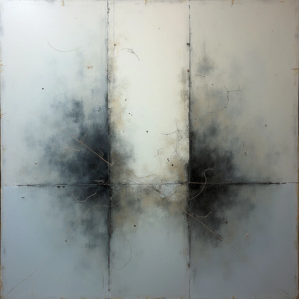 The image depicts a large, square abstract painting divided into four quadrants of pale color – two grays and two off-whites. Dark, cloud-like smudges are present within each quadrant, seemingly mirroring each other across the central axes. Thin, delicate lines crisscross the surface, adding texture and a sense of fragility to the composition.