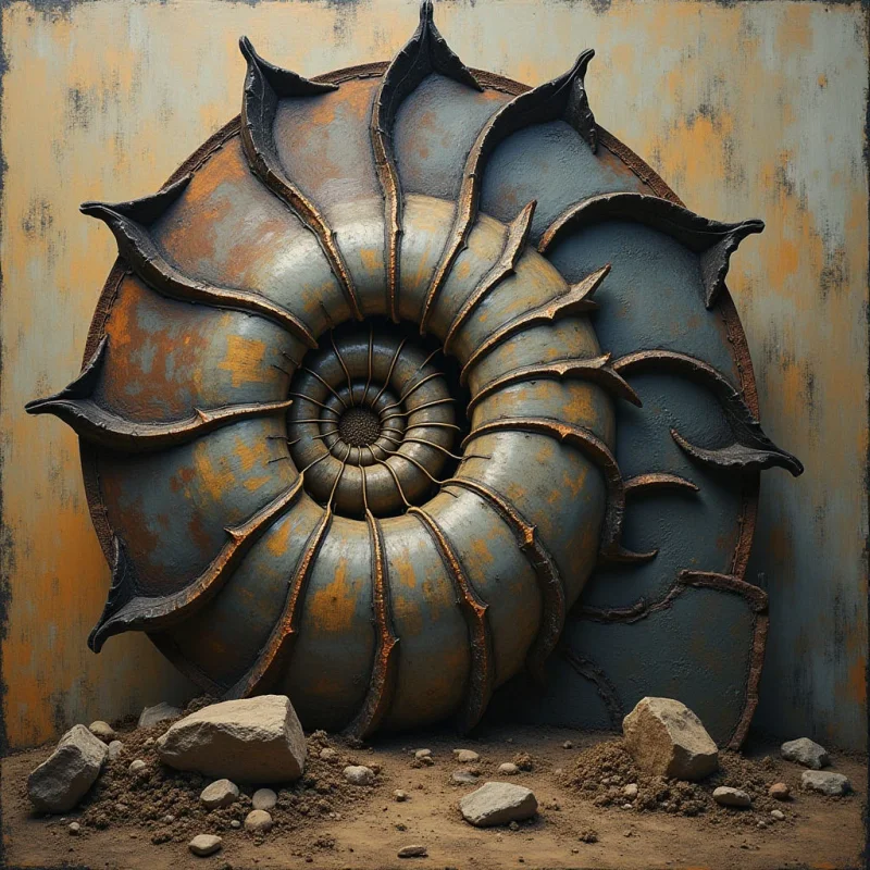 A large, spiraled nautilus-like form dominates the center, featuring a metallic blue and rusted orange color palette with deep ridges and sharp, pointed edges. The object rests on a textured ground of dirt and scattered rocks against a weathered, tan-colored wall. Light casts soft shadows within the shell's recesses and along its jagged perimeter, emphasizing its three-dimensional volume within the shallow space.