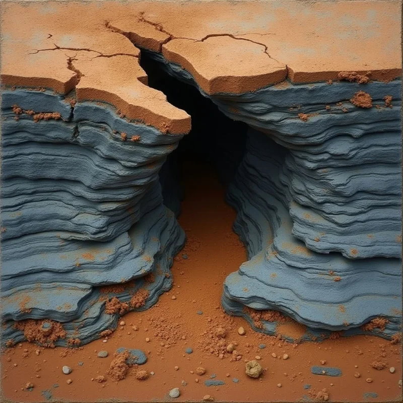 A jagged fissure splits a flat, terracotta-colored surface, revealing deep blue-grey sedimentary layers with horizontal striations. The composition features sharp, irregular edges and granular textures of sand and rock scattered across the ground. Light descends from above, casting dark shadows into the narrow cavernous opening that recedes into the center.