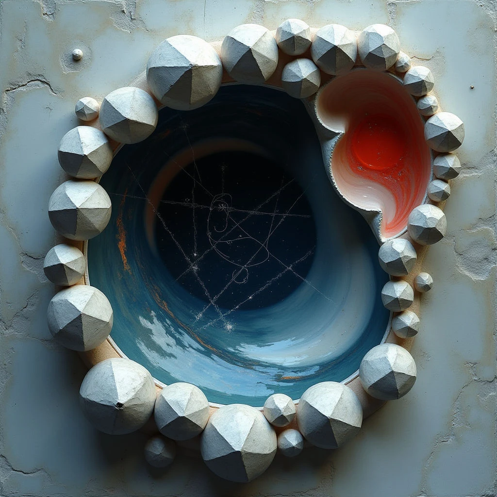 The image features a circular opening within a textured, grey surface, ringed by numerous faceted, stone-like forms. The interior of the circle transitions from deep blues and blacks at its center to lighter shades towards the edge, with a section revealing an intense orange hue. Light appears to emanate from within the central void, creating shadows that emphasize the three-dimensional quality of both the surrounding stones and the depth of the circular space.