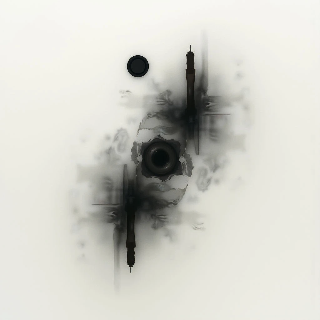Two black pens and an ink bottle are partially submerged in white liquid, creating a blurred, symmetrical pattern around them. The resulting shapes resemble abstract wings or a distorted floral design against the bright background. A single dark circle floats above the central arrangement of pens and ink.