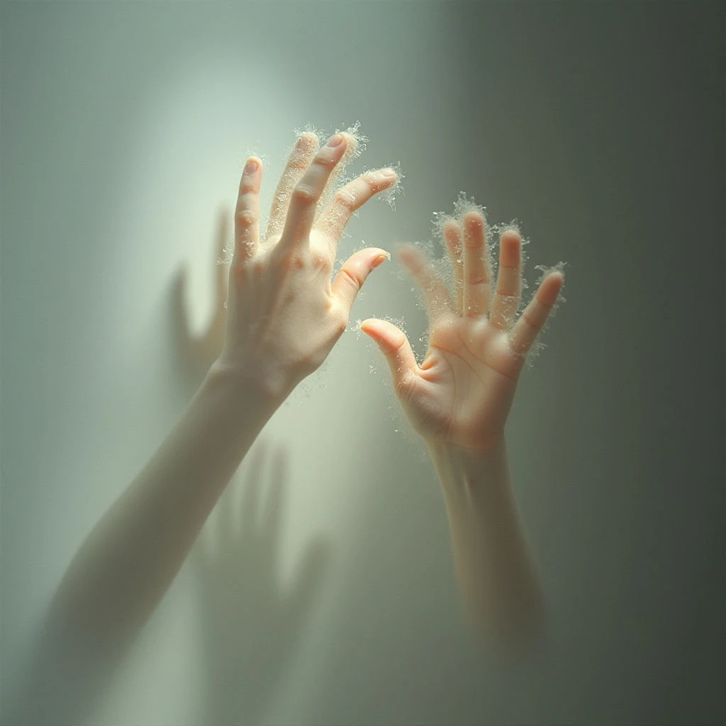 Two pale hands are raised, fingers outstretched and covered in a fine, white powder or foam. The hands cast long shadows on the muted green background, creating an ethereal and slightly blurred effect. It looks as though something is being released or dissolving between them.