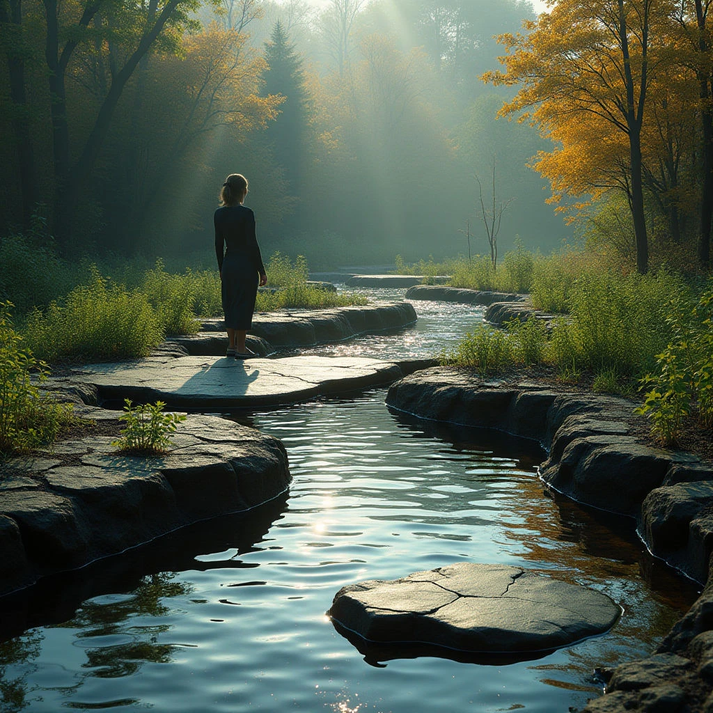 The scene features a winding stream flowing through a lush green landscape with trees displaying autumnal yellow foliage. Smooth, flat rocks of varying sizes are scattered throughout the water and along the banks, contrasting with the softer textures of grasses and dense woods in the background. Strong rays of light penetrate from above, creating bright highlights on the water’s surface and casting long shadows, while a figure stands silhouetted against this luminous backdrop in the distance.